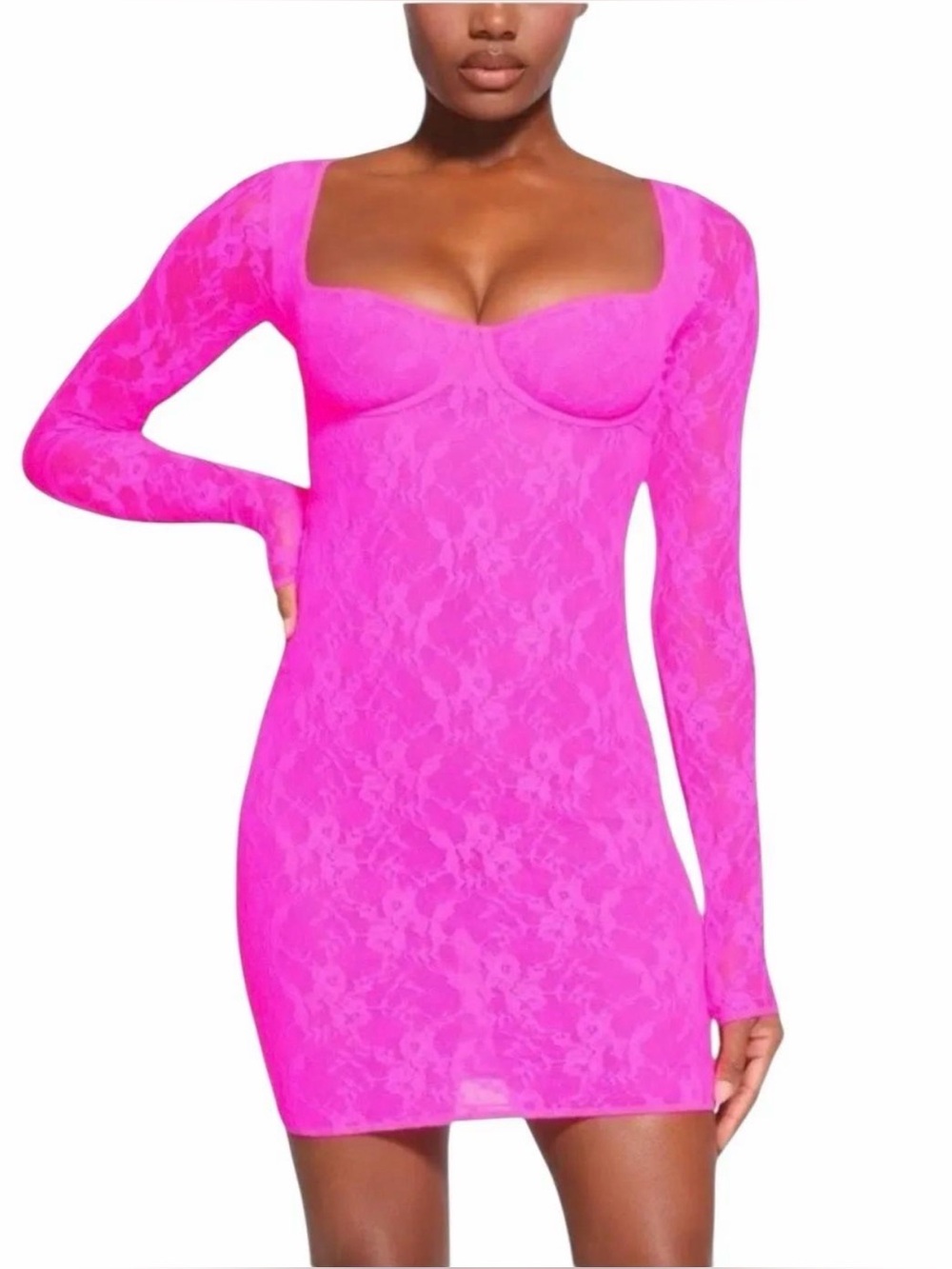 💖 SKIMS Hot Pink Lace Long Sleeve Bodycon Mini Dress | M